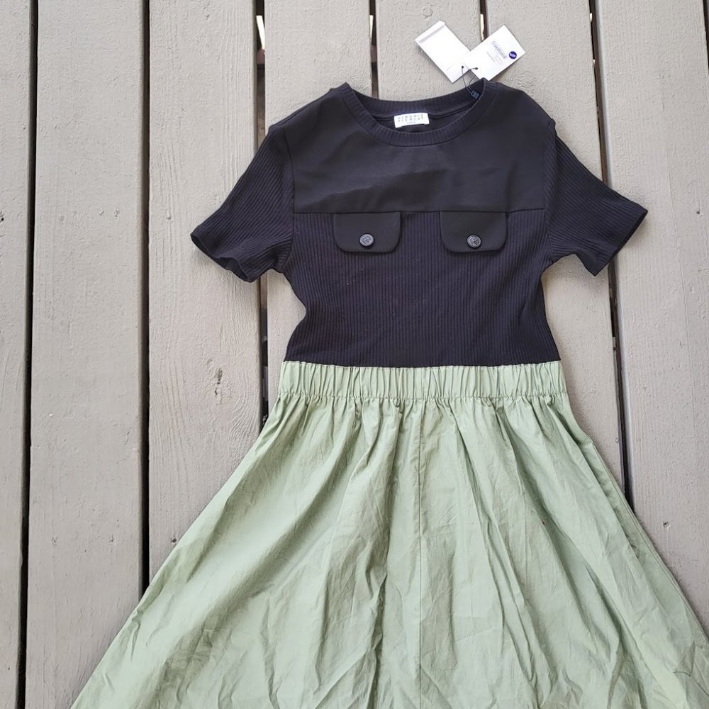 Claudie Pierlot NWT Green Black Bicolore Track Stretch-cotton Midi‎ Dress Size S - Picture 5 of 11